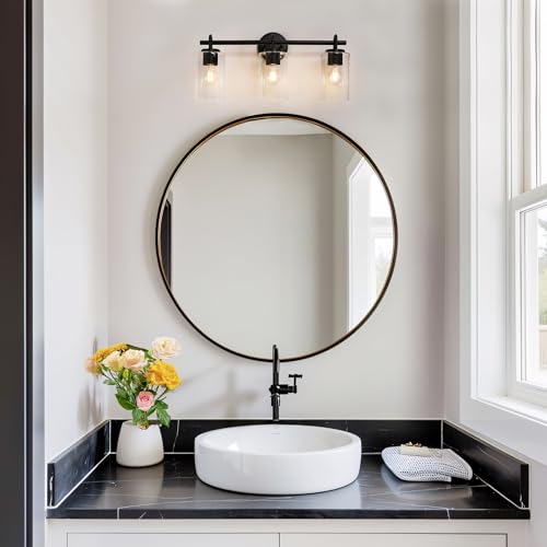 Image of KSANA Black Bathroom Wall Light Fixtures, 3-Light Modern Farmhouse Vanity Light with Clear Glass Shade Over Mirror for Hallway, Kitchen, Bedroom, and Living Room