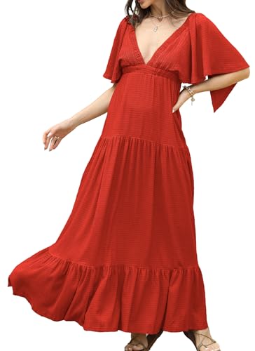 Image of Kikibell Women Summer Dresses Sexy V-Neck Maxi Dress Tiered Silhouette with Flutter Sleeve Backless Elastic Waist Flowy Dress