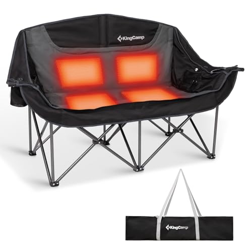 Image of KingCamp Heated Double Camping Chair, Oversized 880lbs Heavy Duty Loveseat for Adults Portable Folding XL 2 Person Couch Padded Comfortable with 3 Heat Levels for Outdoor Sports Lawn, Black /Grey