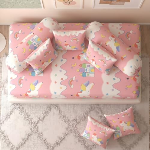 Image of Filymore Pink Star Unicorn Kids Fitted Diwan Set 8 Pieces - Microfiber Diwan Bedsheet Set with 5 Cushion Covers & 2 Bolster Covers | Soft Unicorn Print Diwan Cover Set for Girls Room