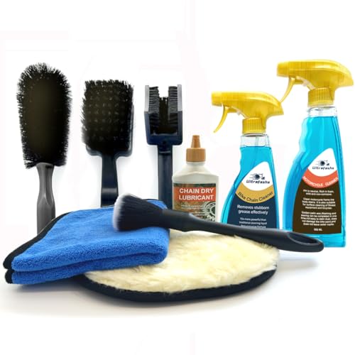 Ultrafashs Motorcycle Dirtbike Wash Kit - Premium Cleaning and Detailing Set for Mudguard,Rims and Paint.Includes Motorcycle Cleaner(560ML),Chain Clean(300ML) Dry Lubricant(120ML)