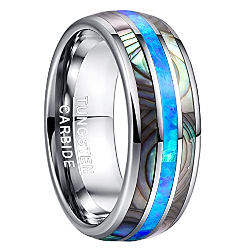 VAKKI Bague Bijoux de Fantaisie pour Hommes Femmes 8mm Coquille D'Ormeau et Bleu Opale Carbure de Tungstène Amitié Promesse Bague de Fiançailles Confortable Ajustement Taille 61 Cover
