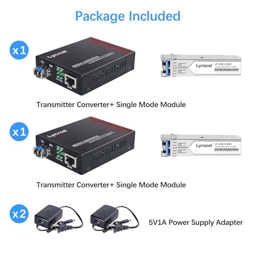 Image of Gigabit Single Mode LC Fiber Media Converter, 10 /100 /1000Base-TX to 1000Base-LX SFP RJ45 Copper Converter with 2Pack Dual LC Transceiver Module, 1.25Gbps SMF 1310nm, up to 20km, 1 Pair