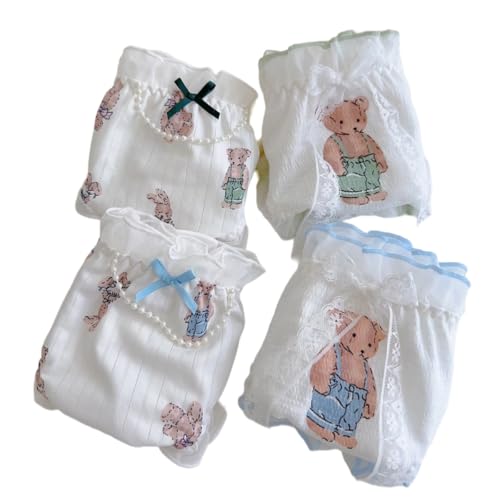 Cute Bear-printed Frilly Panties for Teen Girls Age 14-18 Cotton Crotch Underwear Bow Decor Lace Ruffled Trim