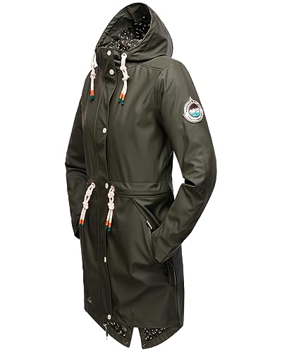 Navahoo Damen Übergangsjacke Regenmantel wasserdichte lange Regenjacke mit verstellbarer Kapuze und geschweißten Nähten Tropical Stormoo Oliv Gr. M