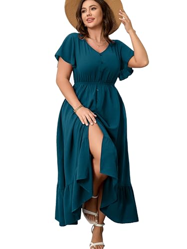 RWJ Women Plus Size Maxi Dress V Neck Short Sleeve Button Trim Split Flowy Tiered Casual Long Dresses 2025 L-3XL Blue Green XX-Large