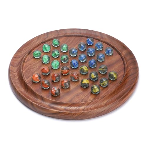 Gioco Del Solitario In Legno Ajuny – Tavolo Rotondo 9x9 Pollici Con 33 Biglie Blu, Classico E Portatile