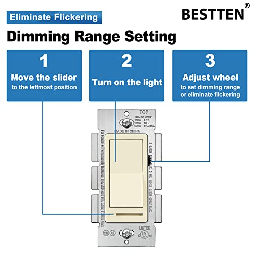 [2 Pack] Bestten Almond Dimmer Wall Light Switch, Single-Pole Or 3-Way, Compatible With Dimmable Led, Incandescent, Halogen And Cfl Bulbs, Wallplate Included, Ul Listed #TOP3