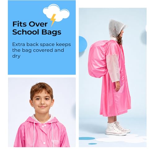 Image of Lifelong Kids Solid Textured PVC Raincoat| School Bag Extension & Side Pocket | Rain Coat| Raincoat for Boys & Girls | Kids Raincoat | Waterproof Rainwear with Carrying Pouch, 6-7 YRS (Pink & White)