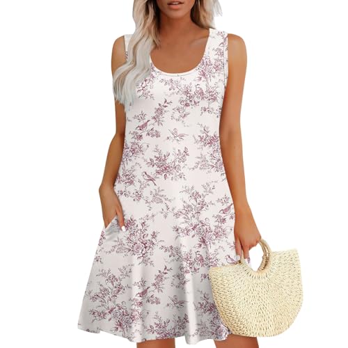 WEOPLKIN Damen Sommerkleid U-Ausschnitt Freizeitkleider Ärmellos Lässig Trägerkleid Sommer Mini Tank Kleider Elegant Kurz Strandkleider mit Taschen...