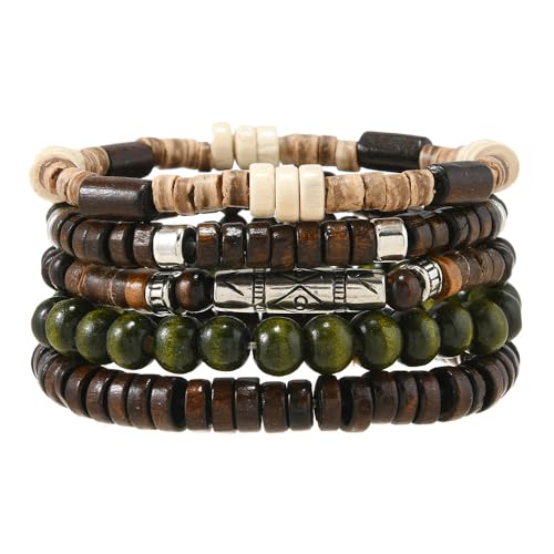 Set de 5 pulseras de cuentas de madera con encanto y borla miniatura 1