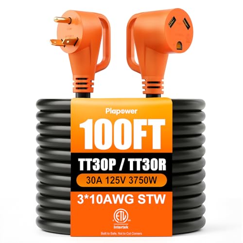 100 FT 30 Amp RV Extension Cord RV Power Cordwith Grip Handle & Organizer NEMA TT-30P to TT-30R Heavy Duty 10 Gauge STW 3-Wire for RV Trailer Campers 125V 3750W ETL Listed
