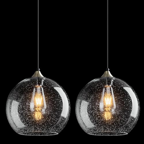 Image of Clear Glass Pendant Lights Kitchen Island Lighting Globe Pendant Light Fixtures Modern Pendant Lighting for Kitchen Island Bedroom Living Dining Room Light Fixture(9.84in, 2-Pack)