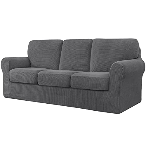 CHUN YI 7 Piece Stretch Sofa Cover, 3 Seater Slipcover with Three Separate Cushions and Backrests, Jacquard Spandex Fabric(3 Seater,Light Grey)