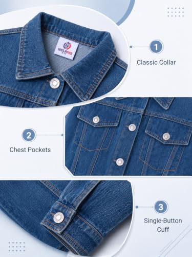 Image of WELAKEN Girls 2-Piece Cropped Denim Jacket Skirt Set | Decorative flap pocket cropped jacket、Elastic waist skirt with pockets、Soft cotton denim set