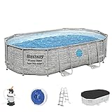 Bestway Power Steel Swim Vista Series Frame Pool Komplett-Set mit Sandfilteranlage 488 x 305 x 107 cm , Steinwand-Optik (Cremegrau), oval