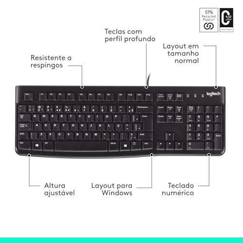 Teclado com fio USB Logitech K120, Resistente à Respingos, Barra de Espaço Curva, Compatível com PC e Notebook, Layout ABNT2 glide