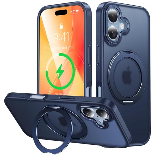 iPhone 17 用 ケース Magsafe対応 ワイヤレス充電 360°回転スタンド 縦横両対応 Gunwon スマホケース あいふおん 17 用 米軍規格 耐衝撃 半透明 マット感 マグセーフ 防指紋 リング マグネット搭載 アイフォン17 用 カバー「ブルー」