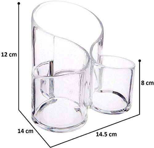 Image of Acrylic Makeup Brush Holder | 3 Compartment Cosmetic Organizer for Brushes, Comb, Eyeliner, Lipstick & Stationery | Transparent Vanity Storage Box for Dressing Table & Bathroom