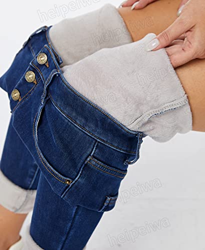 heipeiwa Fleece Lined Jeans Women's Winter Thermal Jeans Flannel Lined Skinny Denim Jeans 4 Buttons2