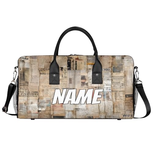 Personalized Abstract Geometric Travel Duffel Bag with Name, Custom Gym Sport Bag Newspaper Pattern Carry On Weekend Overnight Duffel Bag for Men Women