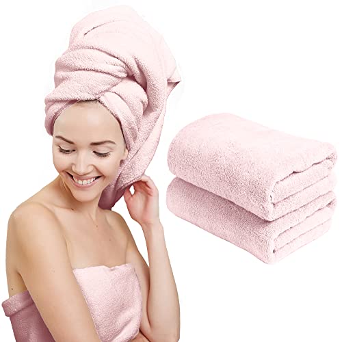 Scala (2 Pack Extra Large Microfiber Hair Towel 24" X 48" Anti Frizz For Long Hair, Multipurpose Bath Towel For Pool, Gym, Yoga, Camping - Quick Drying, Ultra Absorbent - Light Pink Towels #TOP2