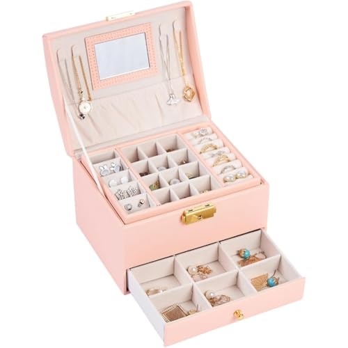 ITMEATジュエリーボックスアクセサリーケース鏡付きジュエリー収納宝石箱大容量鍵付き引き出しおしゃれ小物入れピアスネックレスリング指輪置き女性用女の子グリー (17×14×13cm,ピンク)