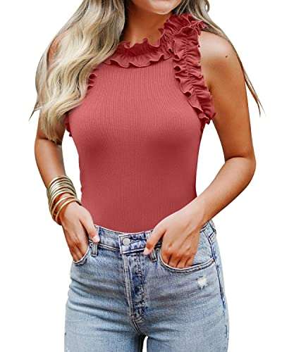 Image of WAYMAKER Women's Sleeveless Racer Back Ruffle Mock Turtle Neck Ribbed Bodysuit Tank Tops