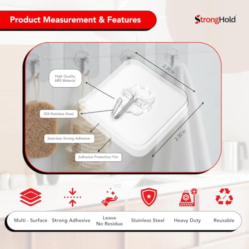 Image of StrongHold Invisible Adhesive Wall Hooks - 30 Pcs Clear Hooks for Hanging Without Drilling, Reusable Waterproof Hooks for Bathroom, Kitchen, Home & Office Organization