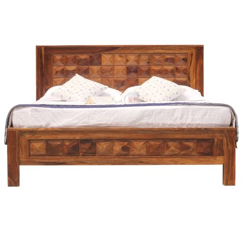 Image of Diomond Sheesham Wood Queen Size Bed Without Storage (84x62 Inch) | Wooden Double Bed Cot for Bedroom Furniture | Modern Palang Design for Home & Hotels | Honey Finish