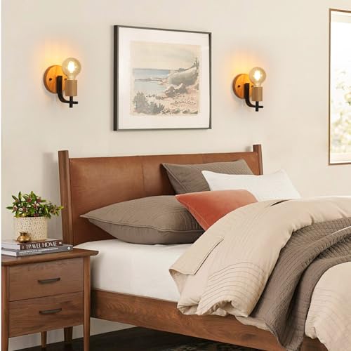 Pheashine Wall Lights Indoor 2 Pack, Vintage Wood Wall Sconces Lights, E27 Industrial Black Wall Lamp for Hallway Living Room - Image 4