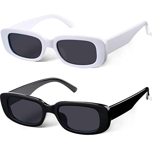 2 Pack Trendy Rectangle Sunglasses for Women Narrow Square Frame Shade 100% UV Blocking