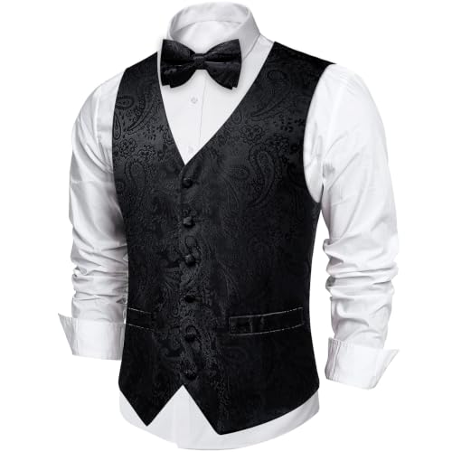 Image of DiBanGu Mens Paisley Suit Vest Bowtie Formal /Casual Dress Waistcoat | 5PCS,Vest for Men,Silk Blend,Anti-Wrinkle,Durable,Machine Wash,for Tuxedo,Wedding,Party,Prom,V-neck,2 Real Pockets