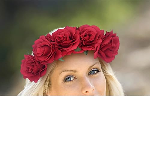 AKOAK 1 Pack Rose Crown Hair Garland, Mexican Bohemian Flower Headband for Women Girls, Wedding Headwear, for Weddings, Cosplay, Travel, Beach, Photos, Parties (Red) - Image 8