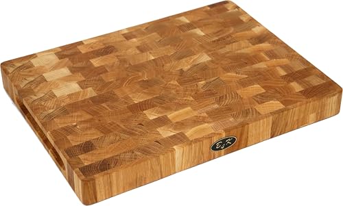 B4K Oak End Wood Chopping Board 40 × 30 × 4 cm - Solid Chopping Block | Antibacterial End Wood Board with Handles & Silicone Feet | Perfect for Kitchen, Meat & BBQ