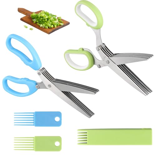 2 Pezzi Tijeras de Cocina 5 Hojas, Soporte de Ceboll de Acero Inoxidable, Tijeras para Hierbas con Peine Limpieza, Tijeras Multifuncionales para Hierbas, Especias, Perejil, Cebollinos y Verduras