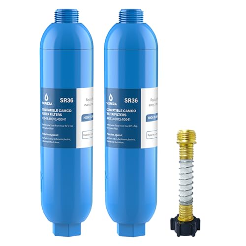 Image of RV Water Filter with 2 Flexible Hose Protector NSF Certified Camper Water Filter for Reduces Chlorine, Bad Taste, Odor, RV Inline Water-Filters for Garden Camper and Pool 2 Pack
