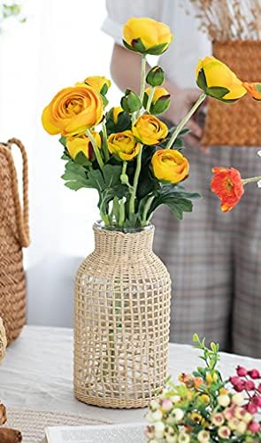 RISEON Vintage Rustic Handwoven Natural Seagrass Rattan Glass Vase Floral Container Farmhouse Dry Faux Flower Vase Bottle Plant Holder for Floral Arrangements Party Home Decor Gift (Square, Small)