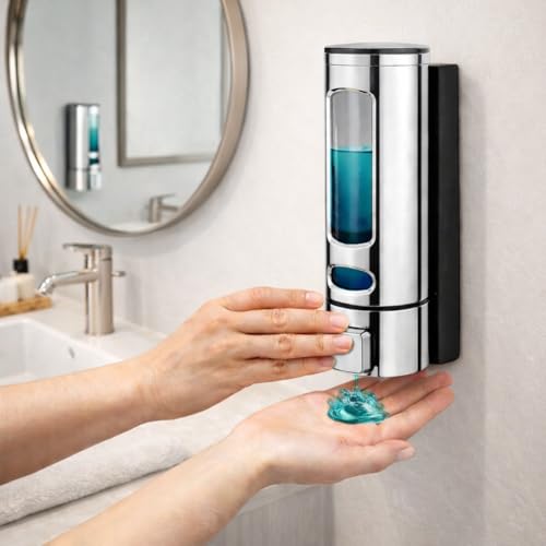 Image of Plastic Wall Mounted Soap Shampoo Conditioner Hand Wash Gel Dispenser Liquid Soap Sanitizer Dispenser for Bathroom Basin Kitchen Sink ||400 Ml Silver|| Pack of 1||