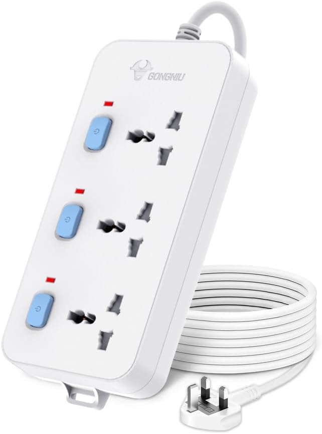 Gongniu Bull Extension Board - 3 Socket, 3 Switch, 3 M Wire (White, 2500W), 250 Volts