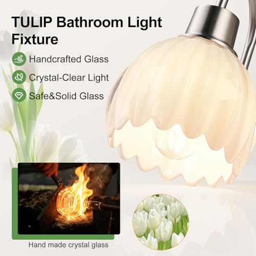 Image of Bathroom Light Fixtures, 3-Light Brushed Nickel Bathroom Vanity Light Over Mirror with White Tulip Glass Shades, Vanity Light Fixture for Bedroom, Living Room & Hallway (Bulbs Not Included)