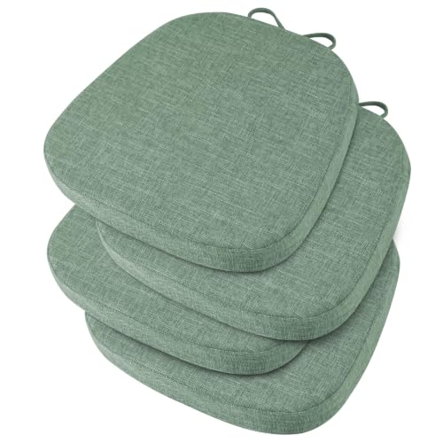 Image of OVOV 14x14 Chair Cushions for Metal Dining Chairs Set of 4 Sage Green | Non Slip, Washable Removable Cover with Ties, Textured, for Dining Room, Kitchen Cafes Bistro Patio, Stackable Chairs
