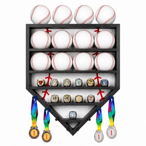 Baseball Display Case with Championship Ring Holder & Medal Display Shelf