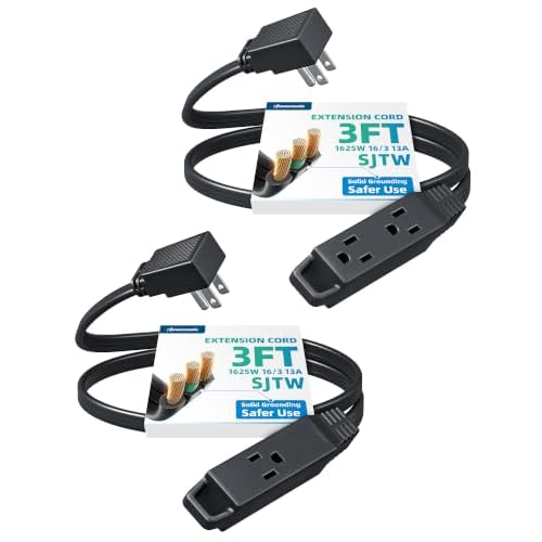 DEWENWILS 3 Outlet Extension Cord with Flat Plug, 3FT 16/3 Awg Grounded Power Cable for Indoor Use, SPT-3 Cord, Black, ETL Listed, 2 Pack…