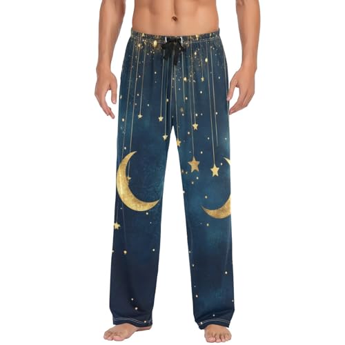 AIXIWAWA Golden Moon and Stars Mens Pajama Pants Cozy Sleepwear Lounge PJ Bottoms with Pockets Drawstring S