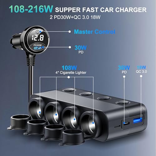 Cigarette Lighter Splitter Adapter 216W 4 Socket Heavy Duty Truck Car USB Chager Multi Port with PD30W/QC3.0 Charge USB C 12V/24V Independent Switches & Dust Cover & Waterproof for Car Devices - Image 7