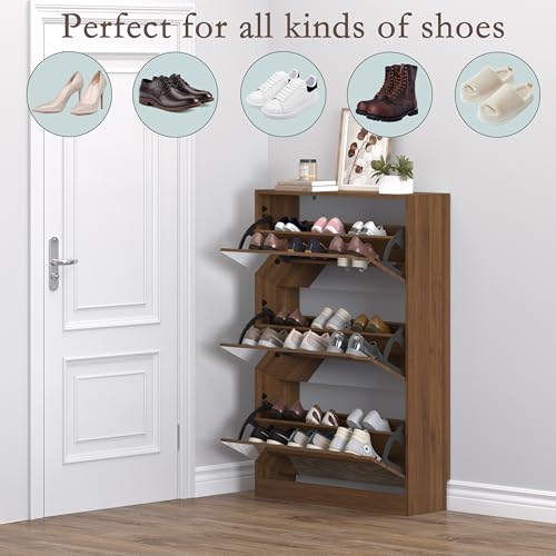 Image of BORNOON Shoe Cabinet with 3-Flip Mirror Drawers, Freestanding Shoe Rack Organizer with Hidden Handle, Slim Narrow Shoe Storage Cabinet for Entryway, Entrance, Hallway, Bedroom