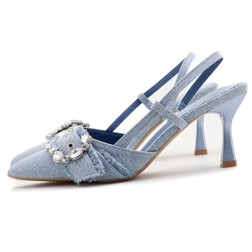 Women's Rhinestone Slingback Denim Kitten Heels,Sexy Closed Pointed Toe Slip On Comfortable Low Heel Dress Pumps for Wedding Party Evening