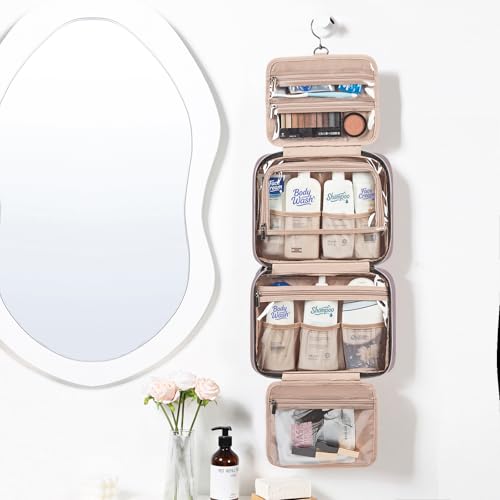 Image of NISHEL Travel Toiletry Bag for women, Portable Hanging Organizer for Full-Sized Shampoo, Conditioner, Brushes Set, Makeup Accessories, Large Size, Peach Pink