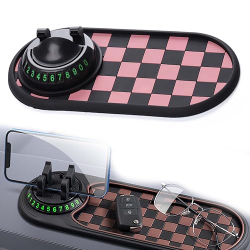 Multifunction Anti Slip Car Mat Phone Holder, 4 in 1 Mobile Phone Stand for Car, Temporary Parking Number Plate Large Silicone Pad, Universal Car Dashboard Organizer for Phone/Sunglasses/Keys (Pink)